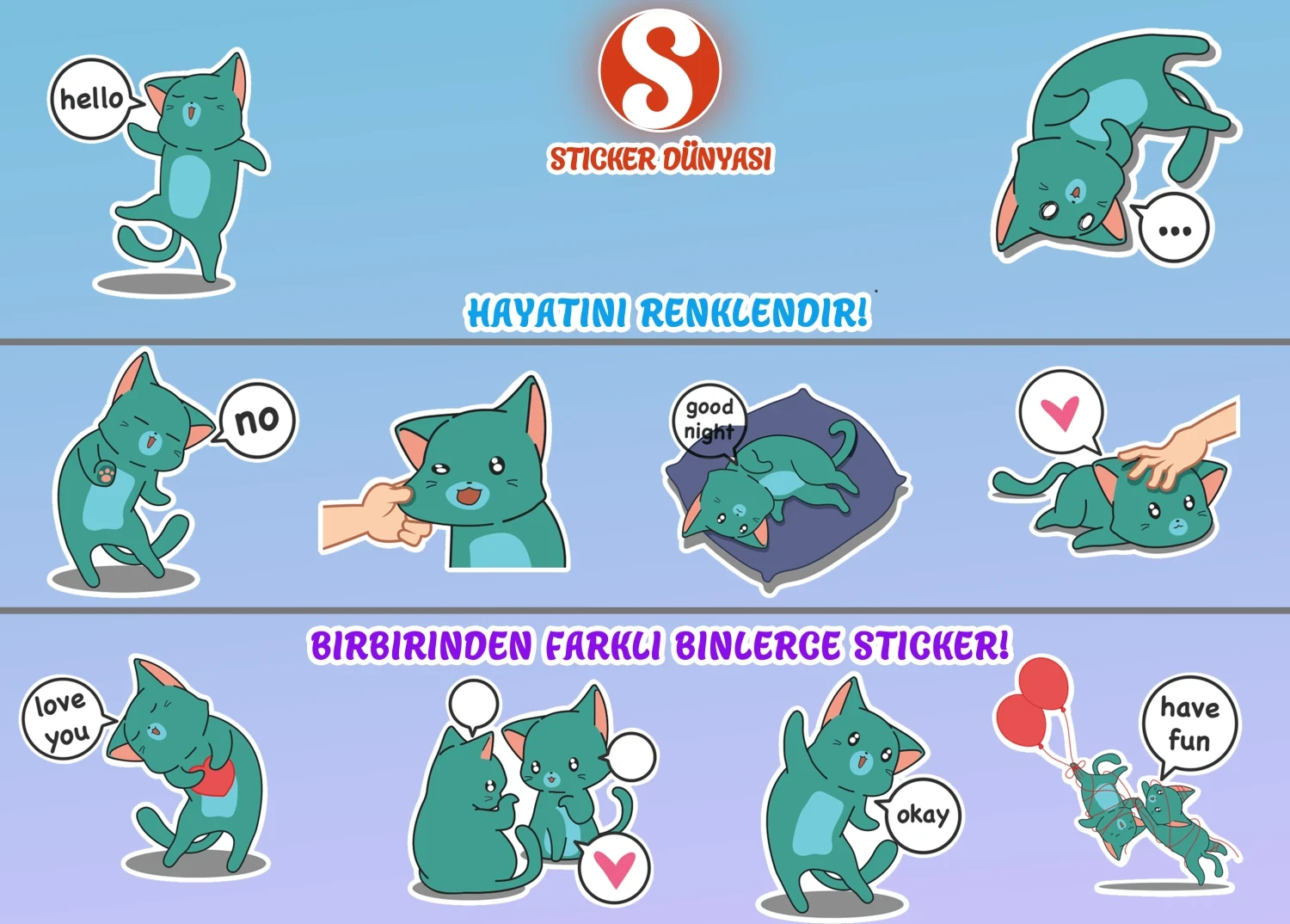 Sevimli Kedi Temalı Sticker Koleksiyonu (Yeşil-Kedi1) görsel 4